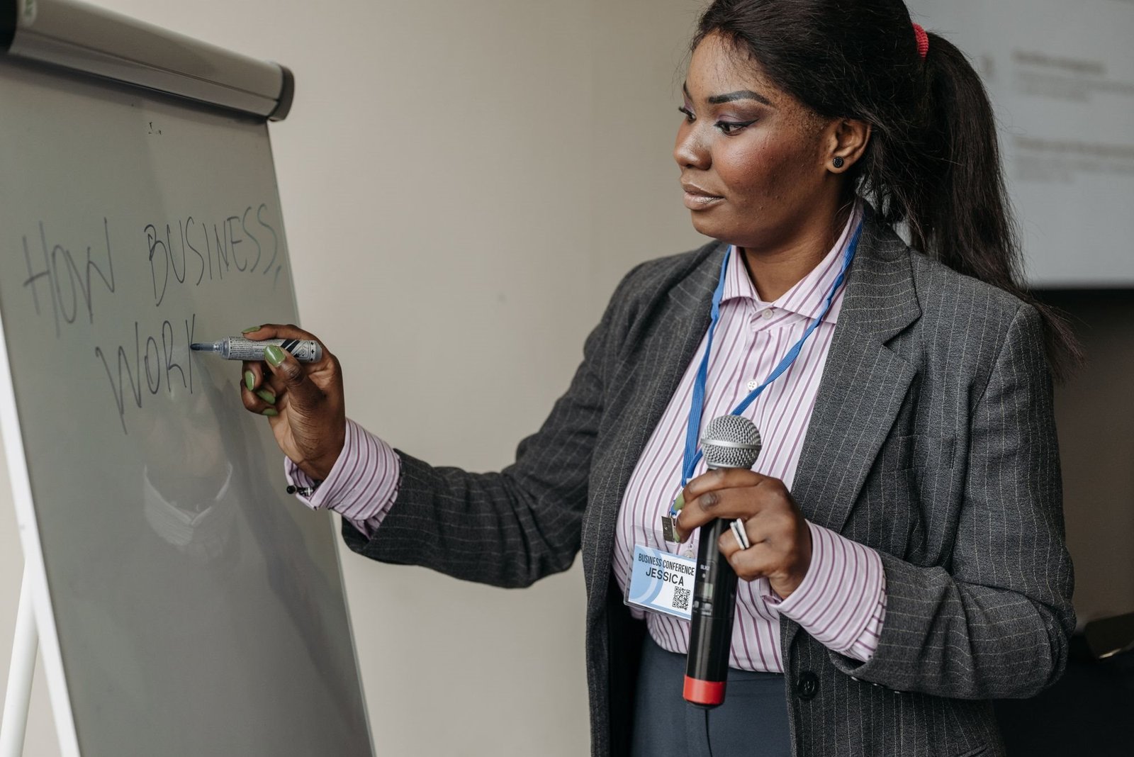 Facilitator writing on a flipchart during a business training workshop
